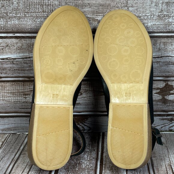 BONAVI SOFIA Womens 7.5 (EUR 38) Black Leather Wedge Ankle Strap Sandal Shoe EUC - Picture 8 of 9